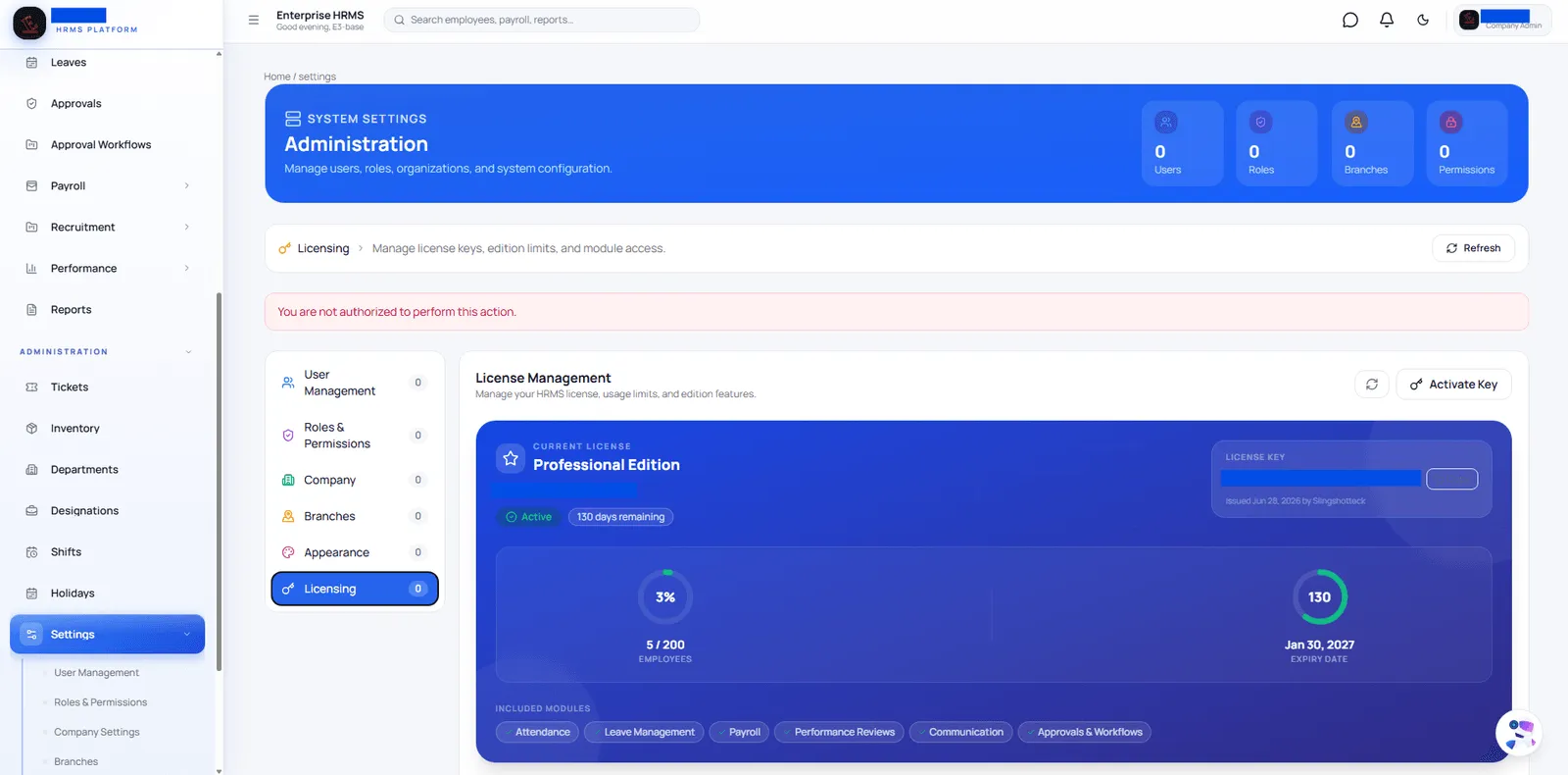 Enterprise controls for users, roles, and licensing